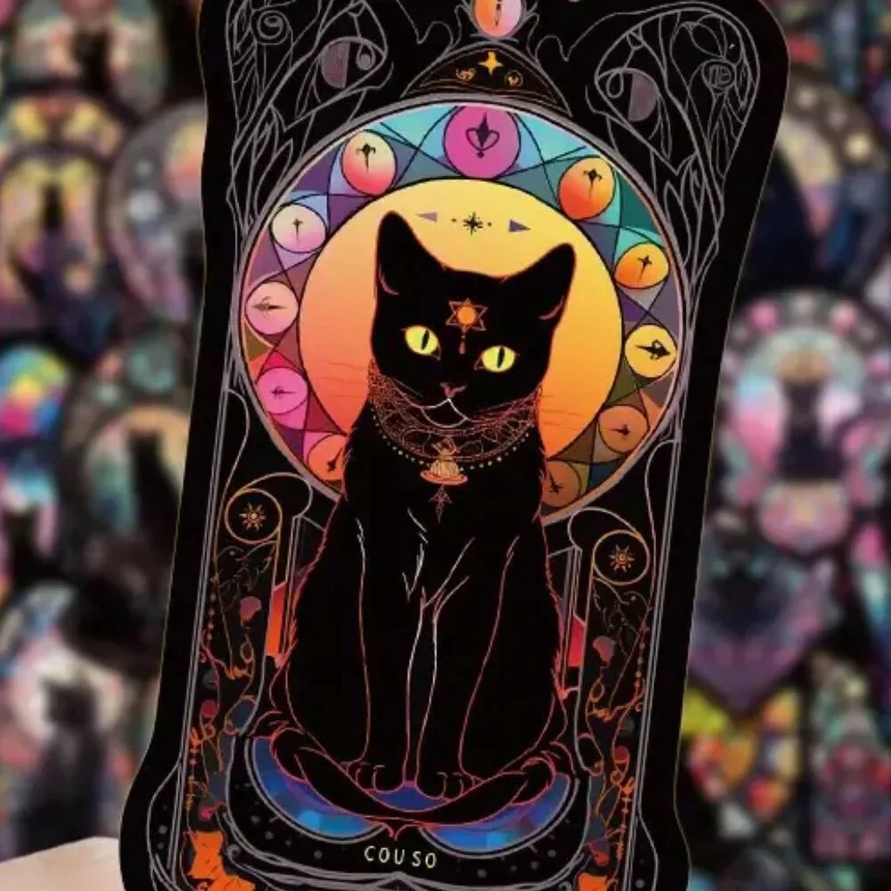 10pcs Black Gothic Style Cat Tarot Waterproof Stickers - Picture 1 of 9